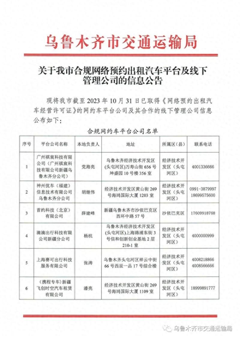 乌鲁木齐市公布合规网约车平台及线下管理公司